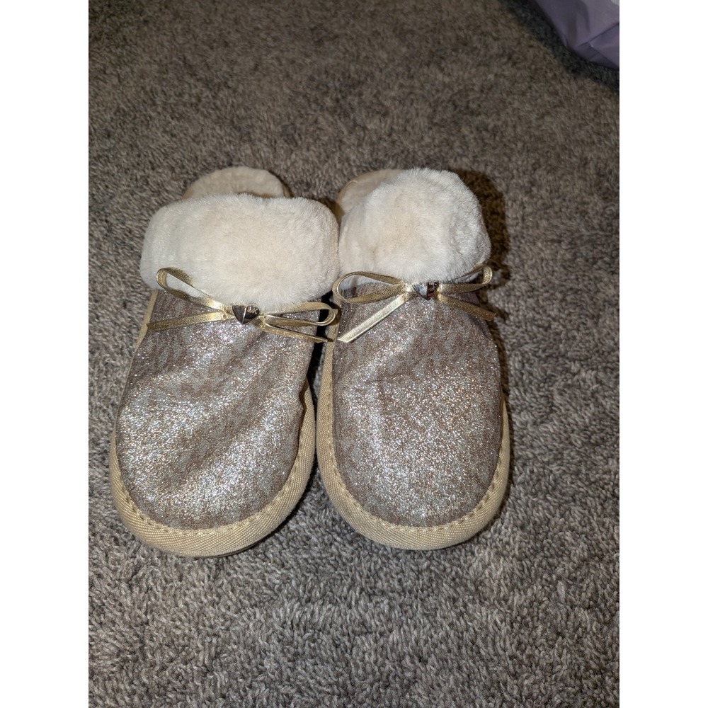 Michael Kors Girls Gold Glitter Leopard Faux Fur Slippers Bow Heart Charm Size 3